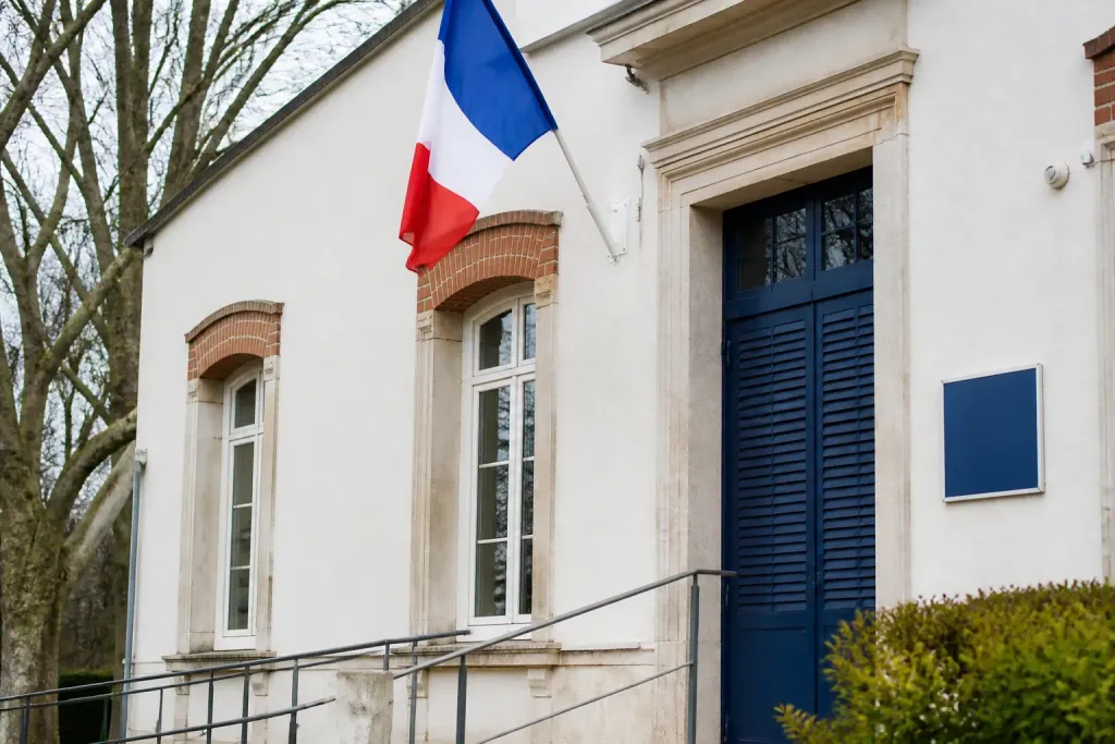 Facade de mairie avec drapeau francais et panneau bleu