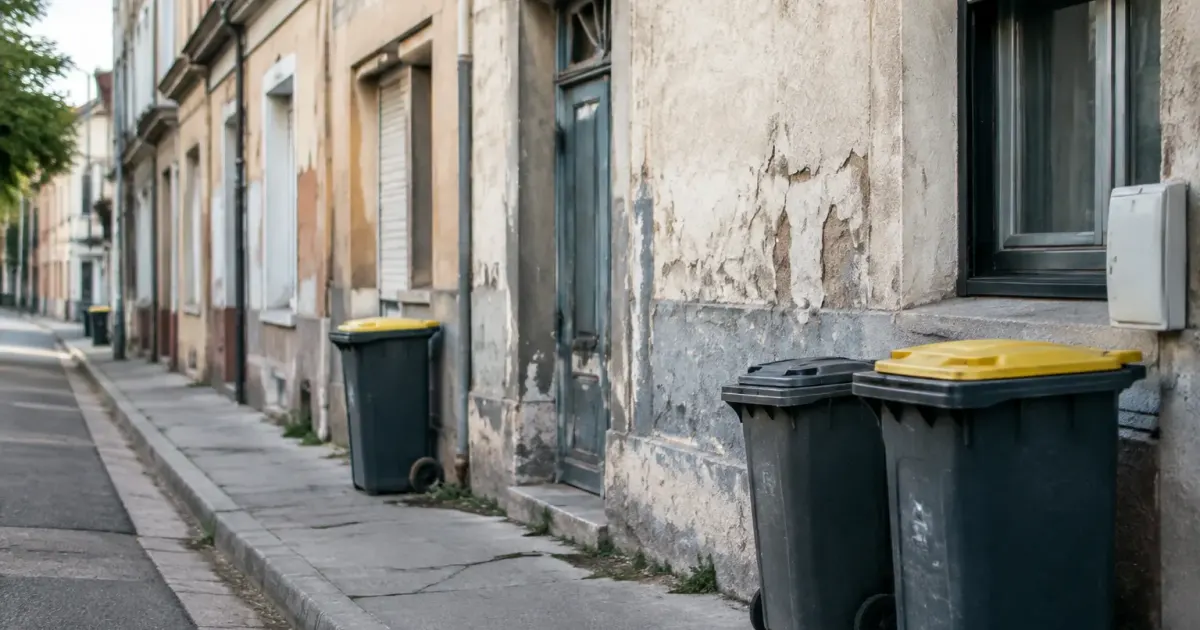 Façades dégradées et poubelles alignées sur un trottoir