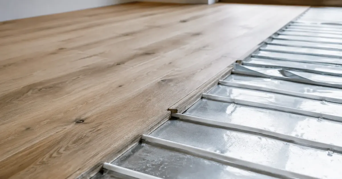Lattes de chene clair alignees sur un plancher chauffant