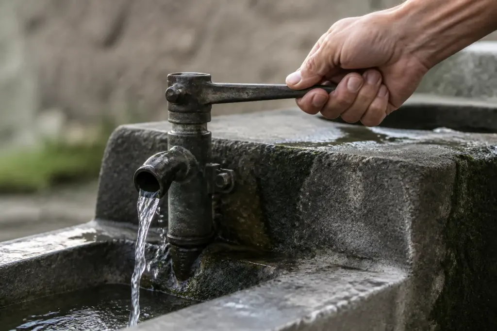 Main actionne levier metal eau coule siphon