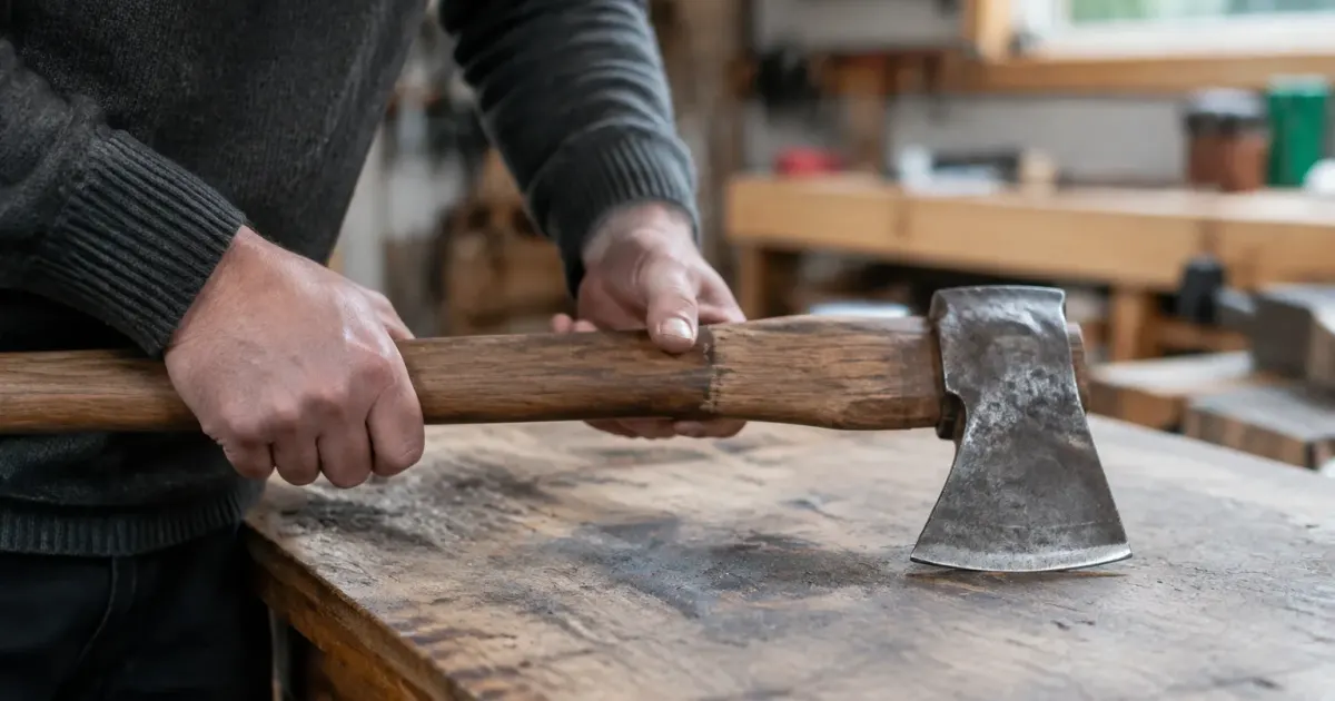 Mains tenant axe metallique horizontal sur etabli
