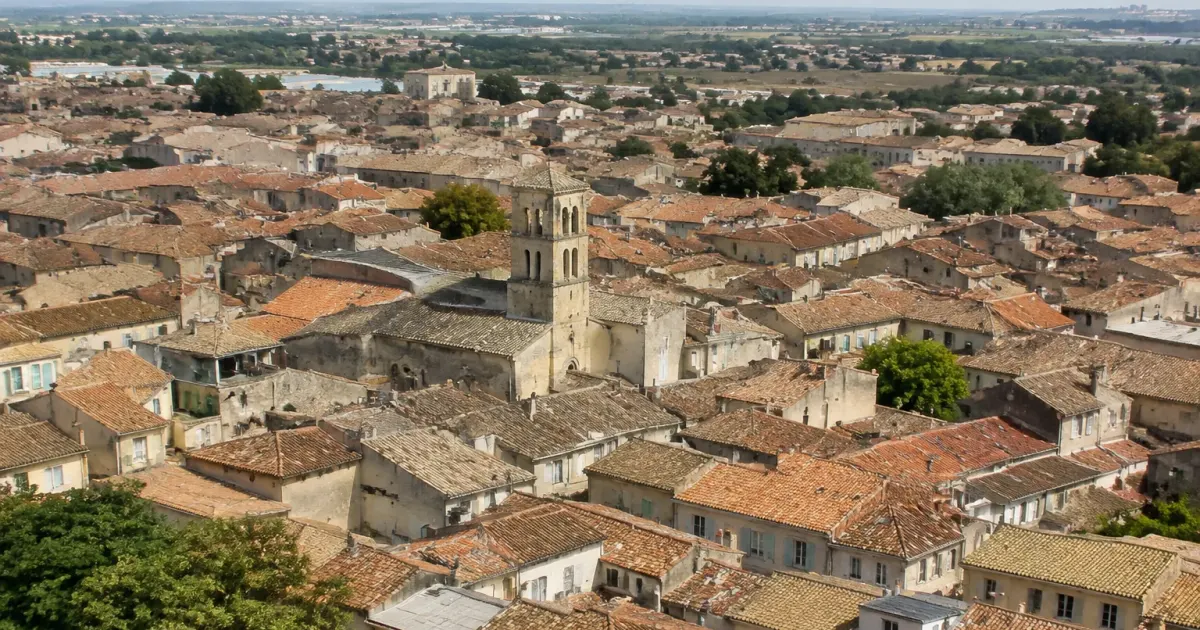 Panorama aerien du village de Mauguio, maisons serrees