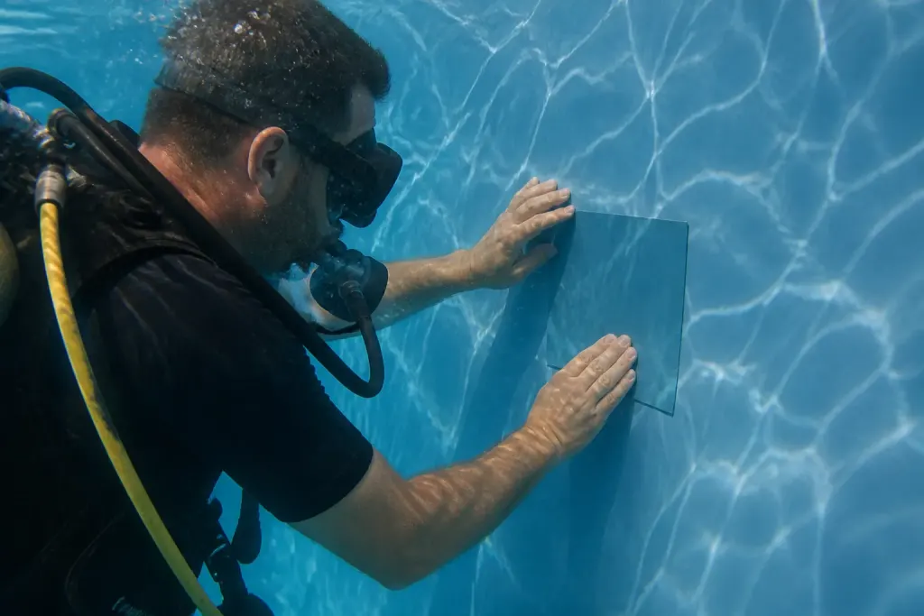 Plongeur appliquant un patch sur un liner bleu