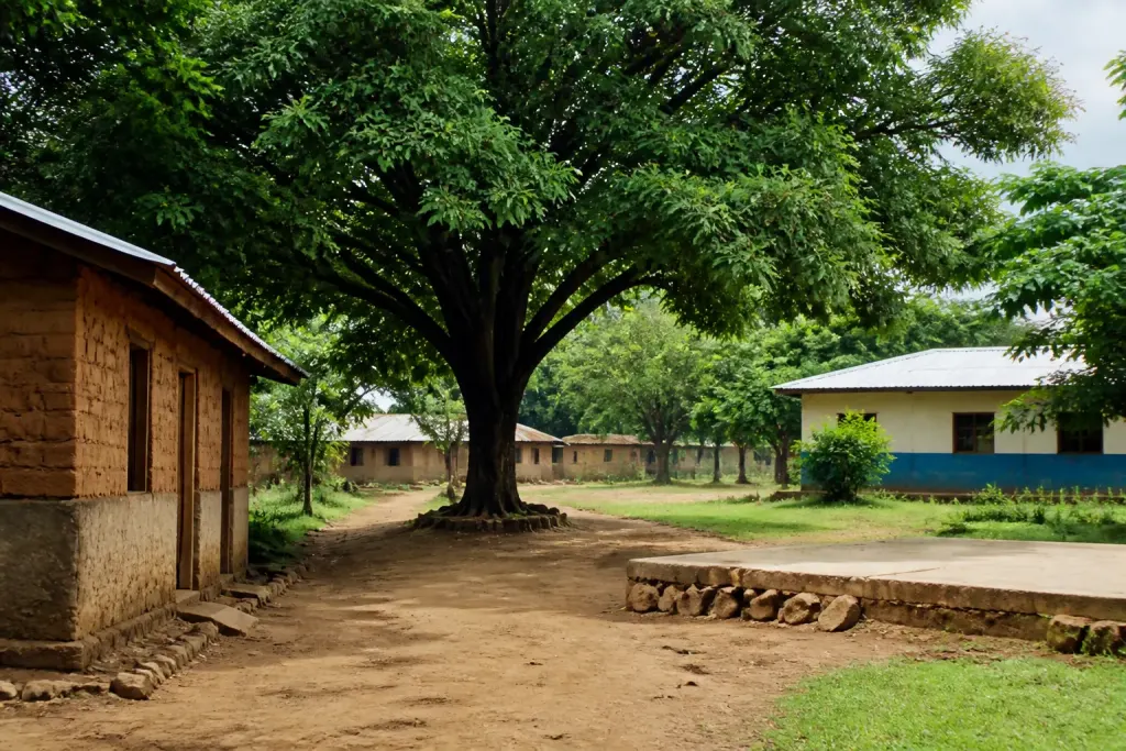 Quartier avec arbres verts, maisons et petite ecole