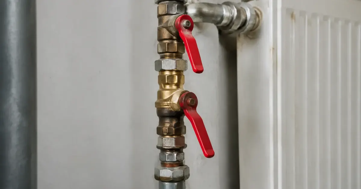 robinets metalliques assembles verticalement sur tuyauterie chauffage