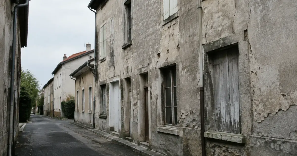 rue abandonnee facades grises lezardes immeubles decrepits