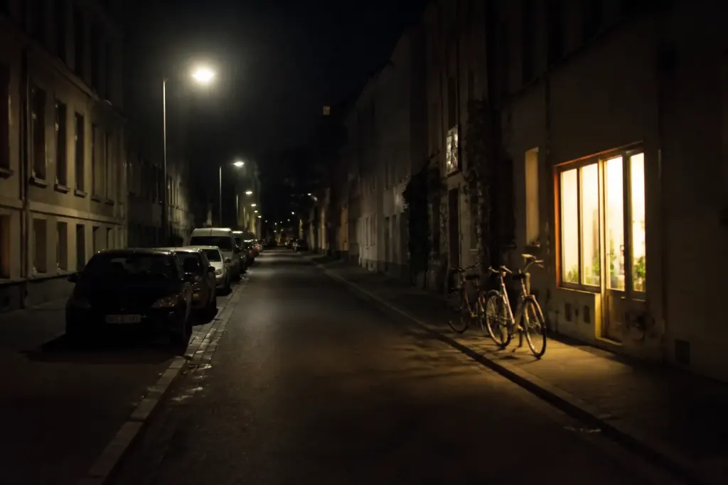 Rue residentielle la nuit, lampadaires allumes et boutique ouverte