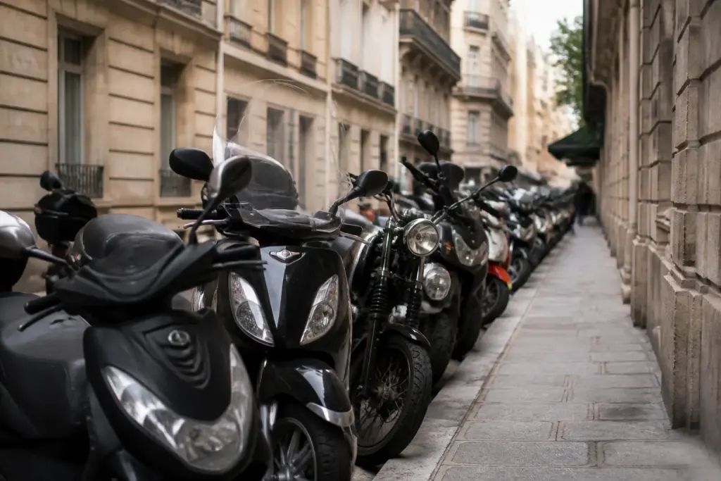 Scooters et motos alignés sur un trottoir étroit