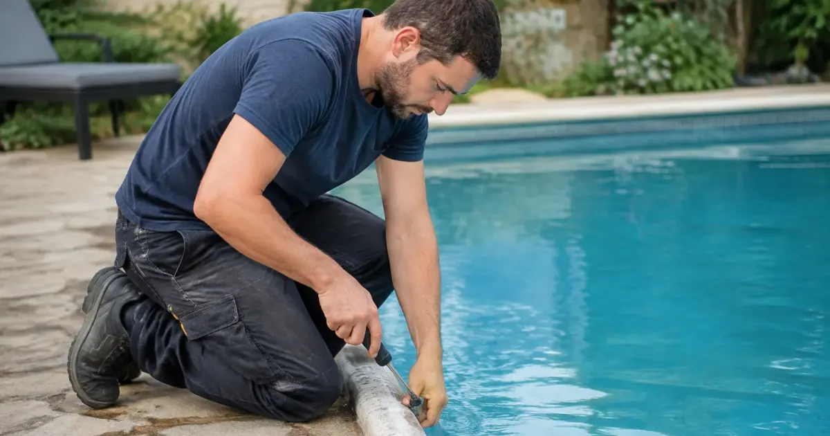 Technicien agenouille au bord du bassin, outil en main