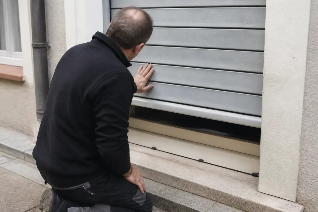 Technicien inspecte volet rouleau metallique bloque