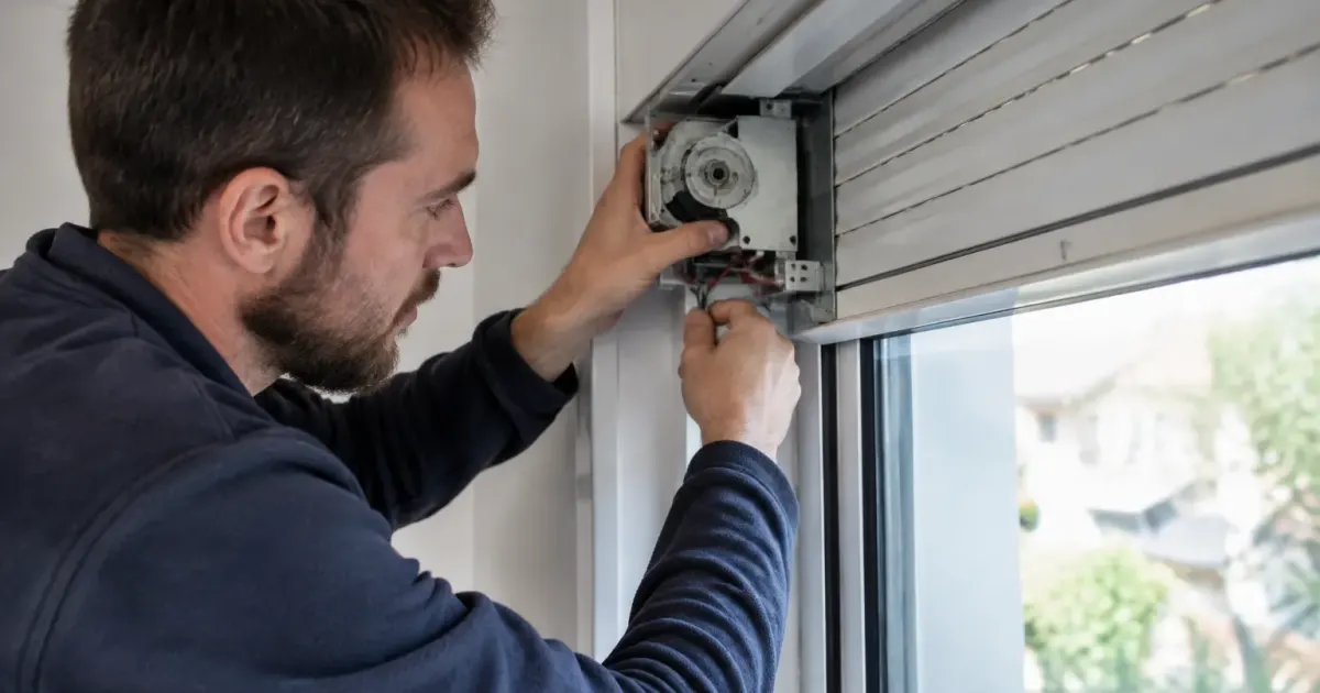 Volet electrique bloque fenetre technicien mains boitier mecanisme